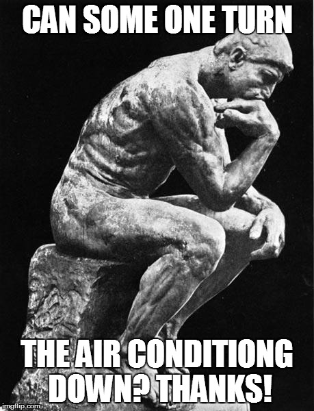 NOT EVERYONE IS SO WARM-BLOODED! | CAN SOME ONE TURN THE AIR CONDITIONG DOWN? THANKS! | image tagged in philosopher,air conditing,temperature | made w/ Imgflip meme maker