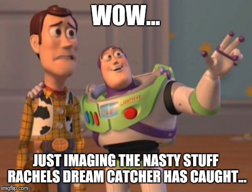 X, X Everywhere | WOW... JUST IMAGING THE NASTY STUFF RACHELS DREAM CATCHER HAS CAUGHT... | image tagged in memes,x x everywhere | made w/ Imgflip meme maker