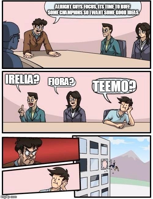 What riot "almost" did before agreeing to the teemo buff | ALRIGHT GUYS FOCUS, ITS TIME TO BUFF SOME CHAMPIONS SO I WANT SOME GOOD IDEAS IRELIA? FIORA? TEEMO? | image tagged in memes,boardroom meeting suggestion | made w/ Imgflip meme maker