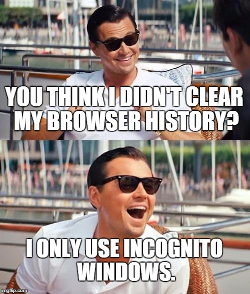 Leonardo Dicaprio Wolf Of Wall Street | YOU THINK I DIDN'T CLEAR MY BROWSER HISTORY? I ONLY USE INCOGNITO WINDOWS. | image tagged in memes,leonardo dicaprio wolf of wall street | made w/ Imgflip meme maker