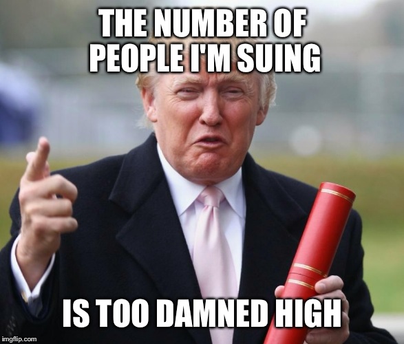 THE NUMBER OF PEOPLE I'M SUING IS TOO DAMNED HIGH | image tagged in donald trump | made w/ Imgflip meme maker