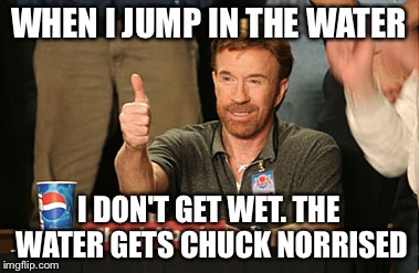 Chuck Norris Approves Meme | WHEN I JUMP IN THE WATER I DON'T GET WET. THE WATER GETS CHUCK NORRISED | image tagged in memes,chuck norris approves | made w/ Imgflip meme maker