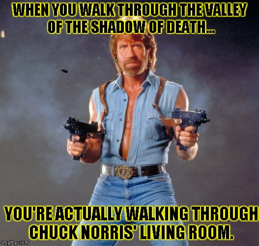 Chuck Norris Guns | WHEN YOU WALK THROUGH THE VALLEY OF THE SHADOW OF DEATH... YOU'RE ACTUALLY WALKING THROUGH CHUCK NORRIS' LIVING ROOM. | image tagged in chuck norris | made w/ Imgflip meme maker
