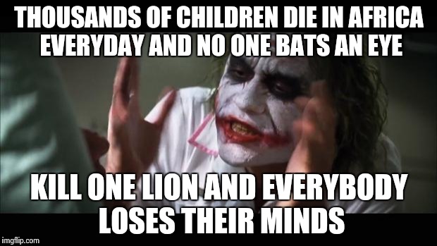 And everybody loses their minds | THOUSANDS OF CHILDREN DIE IN AFRICA EVERYDAY AND NO ONE BATS AN EYE KILL ONE LION AND EVERYBODY LOSES THEIR MINDS | image tagged in memes,and everybody loses their minds | made w/ Imgflip meme maker