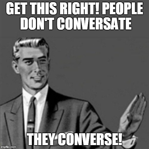 Correction guy | GET THIS RIGHT! PEOPLE DON'T CONVERSATE THEY CONVERSE! | image tagged in correction guy | made w/ Imgflip meme maker