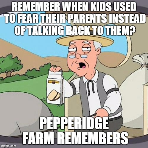 Pepperidge Farm Remembers Meme | REMEMBER WHEN KIDS USED TO FEAR THEIR PARENTS INSTEAD OF TALKING BACK TO THEM? PEPPERIDGE FARM REMEMBERS | image tagged in memes,pepperidge farm remembers | made w/ Imgflip meme maker