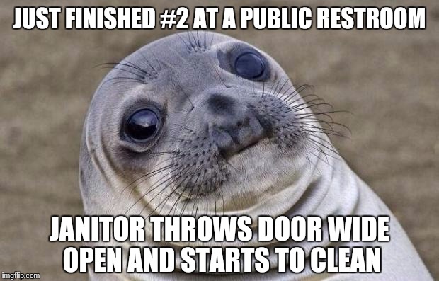 Never do do do in a public place | JUST FINISHED #2 AT A PUBLIC RESTROOM JANITOR THROWS DOOR WIDE OPEN AND STARTS TO CLEAN | image tagged in memes,awkward moment sealion | made w/ Imgflip meme maker
