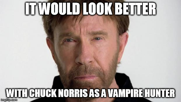 Chuck Norris | IT WOULD LOOK BETTER WITH CHUCK NORRIS AS A VAMPIRE HUNTER | image tagged in chuck norris | made w/ Imgflip meme maker