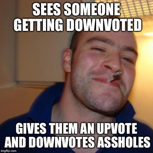 Good Guy Greg | SEES SOMEONE GETTING DOWNVOTED GIVES THEM AN UPVOTE AND DOWNVOTES ASSHOLES | image tagged in memes,good guy greg,AdviceAnimals | made w/ Imgflip meme maker