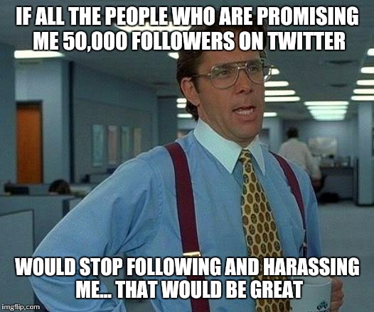 That Would Be Great Meme | IF ALL THE PEOPLE WHO ARE PROMISING ME 50,000 FOLLOWERS ON TWITTER WOULD STOP FOLLOWING AND HARASSING ME... THAT WOULD BE GREAT | image tagged in memes,that would be great | made w/ Imgflip meme maker