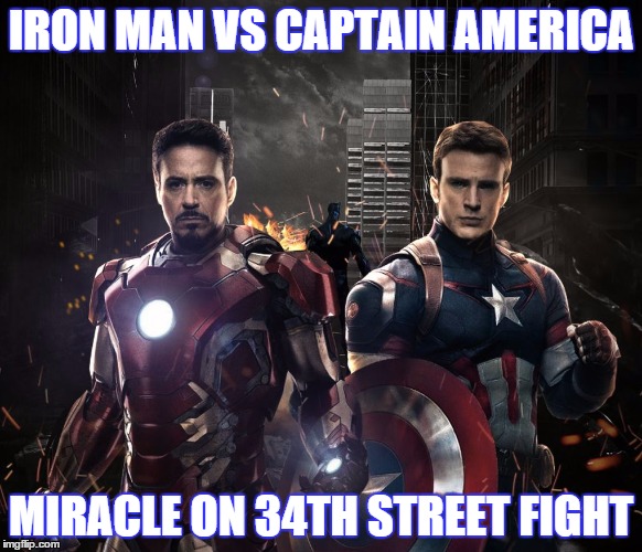 Captain America vs Iron Man | IRON MAN VS CAPTAIN AMERICA MIRACLE ON 34TH STREET FIGHT | image tagged in iron man,captain america,avengers age of ultron,robert downey jr,chris evans,marvel | made w/ Imgflip meme maker