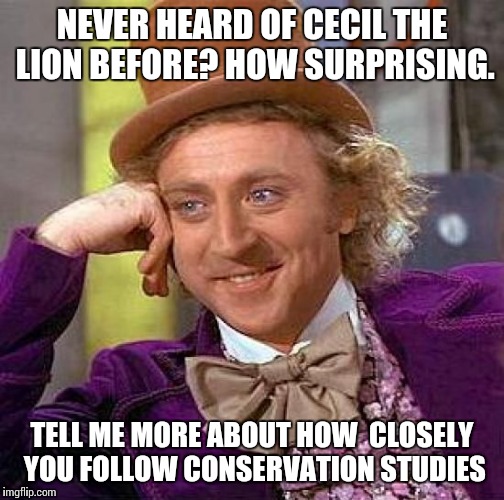 Creepy Condescending Wonka | NEVER HEARD OF CECIL THE LION BEFORE? HOW SURPRISING. TELL ME MORE ABOUT HOW  CLOSELY YOU FOLLOW CONSERVATION STUDIES | image tagged in memes,creepy condescending wonka | made w/ Imgflip meme maker
