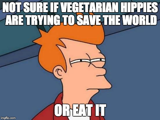 Futurama Fry | NOT SURE IF VEGETARIAN HIPPIES ARE TRYING TO SAVE THE WORLD OR EAT IT | image tagged in memes,futurama fry | made w/ Imgflip meme maker