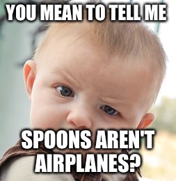 Skeptical Baby | YOU MEAN TO TELL ME SPOONS AREN'T AIRPLANES? | image tagged in memes,skeptical baby | made w/ Imgflip meme maker