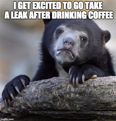 Confession Bear Meme | I GET EXCITED TO GO TAKE A LEAK AFTER DRINKING COFFEE | image tagged in memes,confession bear | made w/ Imgflip meme maker