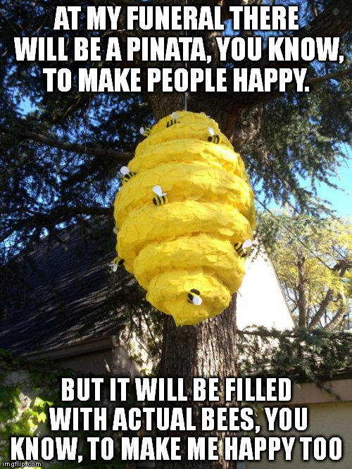 bees to my pinata | AT MY FUNERAL THERE WILL BE A PINATA, YOU KNOW, TO MAKE PEOPLE HAPPY. BUT IT WILL BE FILLED WITH ACTUAL BEES, YOU KNOW, TO MAKE ME HAPPY TOO | image tagged in bees to my pinata,memes | made w/ Imgflip meme maker