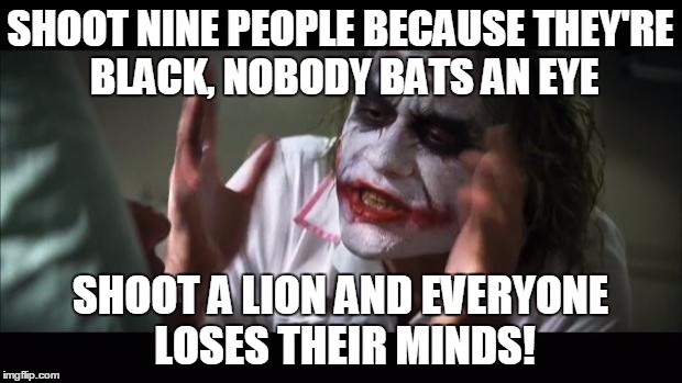 And everybody loses their minds | SHOOT NINE PEOPLE BECAUSE THEY'RE BLACK, NOBODY BATS AN EYE SHOOT A LION AND EVERYONE LOSES THEIR MINDS! | image tagged in memes,and everybody loses their minds | made w/ Imgflip meme maker