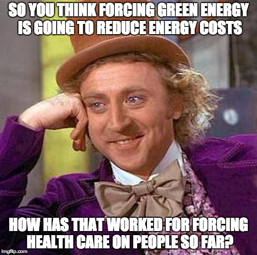 Creepy Condescending Wonka | SO YOU THINK FORCING GREEN ENERGY IS GOING TO REDUCE ENERGY COSTS HOW HAS THAT WORKED FOR FORCING HEALTH CARE ON PEOPLE SO FAR? | image tagged in memes,creepy condescending wonka | made w/ Imgflip meme maker