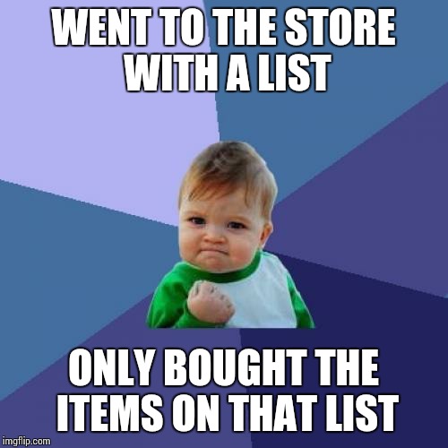 Success Kid Meme | WENT TO THE STORE WITH A LIST ONLY BOUGHT THE ITEMS ON THAT LIST | image tagged in memes,success kid | made w/ Imgflip meme maker