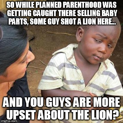 Third World Skeptical Kid | SO WHILE PLANNED PARENTHOOD WAS GETTING CAUGHT THERE SELLING BABY PARTS, SOME GUY SHOT A LION HERE... AND YOU GUYS ARE MORE UPSET ABOUT THE  | image tagged in memes,third world skeptical kid | made w/ Imgflip meme maker