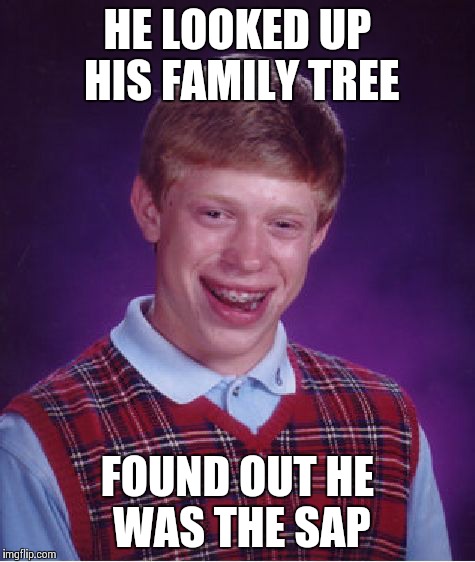 Bad Luck Brian | HE LOOKED UP HIS FAMILY TREE FOUND OUT HE WAS THE SAP | image tagged in memes,bad luck brian | made w/ Imgflip meme maker