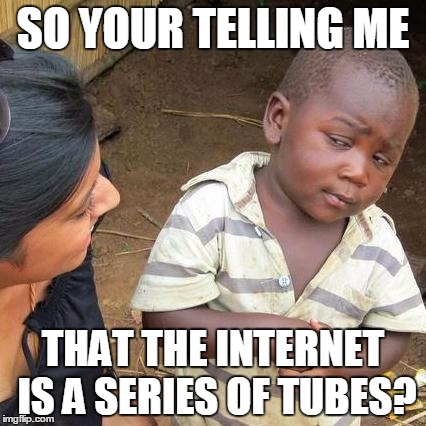 Third World Skeptical Kid | SO YOUR TELLING ME THAT THE INTERNET IS A SERIES OF TUBES? | image tagged in memes,third world skeptical kid | made w/ Imgflip meme maker