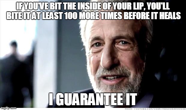 I Guarantee It Meme | IF YOU'VE BIT THE INSIDE OF YOUR LIP, YOU'LL BITE IT AT LEAST 100 MORE TIMES BEFORE IT HEALS I GUARANTEE IT | image tagged in memes,i guarantee it,AdviceAnimals | made w/ Imgflip meme maker