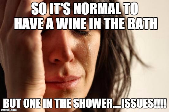 First World Problems Meme | SO IT'S NORMAL TO HAVE A WINE IN THE BATH BUT ONE IN THE SHOWER....ISSUES!!!! | image tagged in memes,first world problems | made w/ Imgflip meme maker