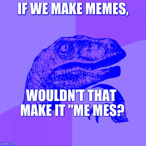 Philosoraptor | IF WE MAKE MEMES, WOULDN'T THAT MAKE IT "ME MES? | image tagged in memes,philosoraptor | made w/ Imgflip meme maker