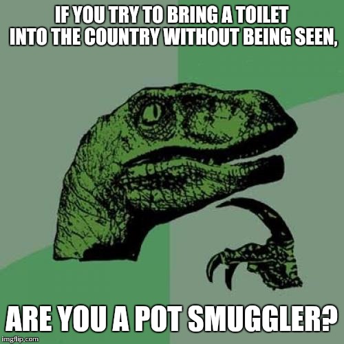 Philosoraptor | IF YOU TRY TO BRING A TOILET INTO THE COUNTRY WITHOUT BEING SEEN, ARE YOU A POT SMUGGLER? | image tagged in memes,philosoraptor | made w/ Imgflip meme maker