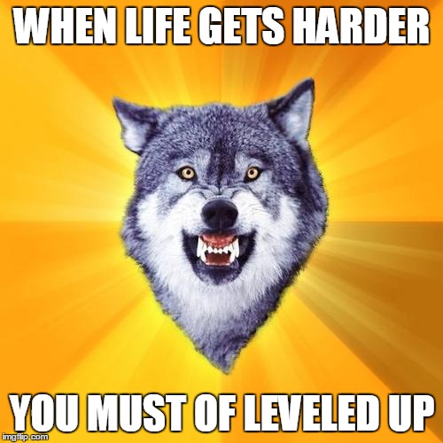 Courage Wolf | WHEN LIFE GETS HARDER YOU MUST OF LEVELED UP | image tagged in memes,courage wolf | made w/ Imgflip meme maker