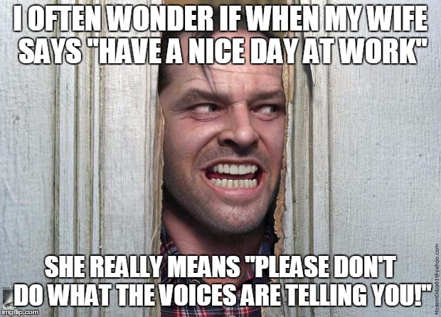 Here's Jonny | I OFTEN WONDER IF WHEN MY WIFE SAYS "HAVE A NICE DAY AT WORK" SHE REALLY MEANS "PLEASE DON'T DO WHAT THE VOICES ARE TELLING YOU!" | image tagged in here's jonny | made w/ Imgflip meme maker