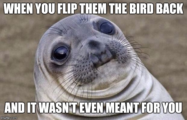 Awkward Moment Sealion Meme | WHEN YOU FLIP THEM THE BIRD BACK AND IT WASN'T EVEN MEANT FOR YOU | image tagged in memes,awkward moment sealion | made w/ Imgflip meme maker