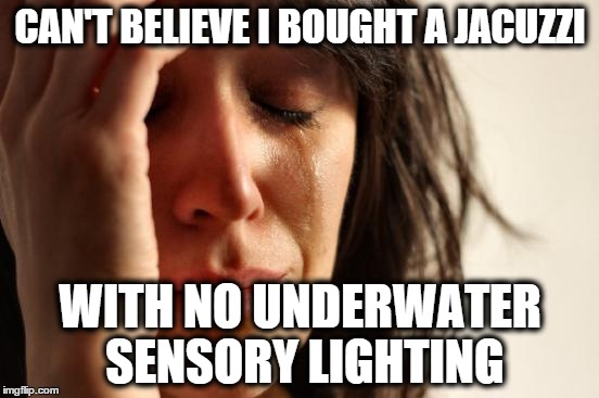 First World Problems | CAN'T BELIEVE I BOUGHT A JACUZZI WITH NO UNDERWATER SENSORY LIGHTING | image tagged in memes,first world problems,lights,underwater | made w/ Imgflip meme maker