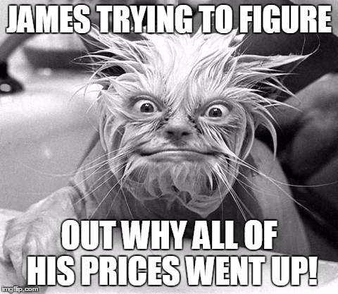 JAMES TRYING TO FIGURE OUT WHY ALL OF HIS PRICES WENT UP! | image tagged in james,first world problems | made w/ Imgflip meme maker