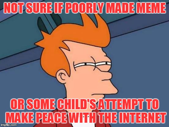 Futurama Fry Meme | NOT SURE IF POORLY MADE MEME OR SOME CHILD'S ATTEMPT TO MAKE PEACE WITH THE INTERNET | image tagged in memes,futurama fry | made w/ Imgflip meme maker