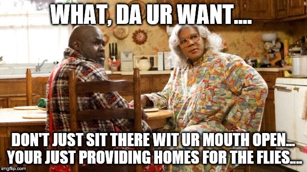 WHAT, DA UR WANT.... DON'T JUST SIT THERE WIT UR MOUTH OPEN... YOUR JUST PROVIDING HOMES FOR THE FLIES.... | image tagged in look | made w/ Imgflip meme maker