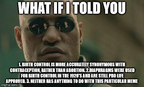 WHAT IF I TOLD YOU 1. BIRTH CONTROL IS MORE ACCURATELY SYNONYMOUS WITH CONTRACEPTION, RATHER THAN ABORTION. 2.DIAPHRAGMS WERE USED FOR BIRTH | image tagged in memes,matrix morpheus | made w/ Imgflip meme maker