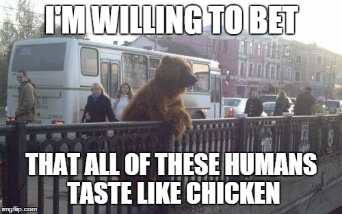 City Bear Meme | I'M WILLING TO BET THAT ALL OF THESE HUMANS TASTE LIKE CHICKEN | image tagged in memes,city bear | made w/ Imgflip meme maker