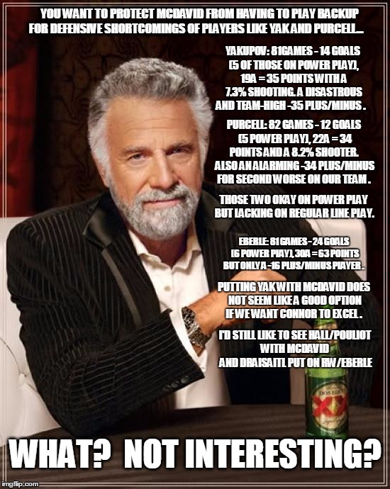 The Most Interesting Man In The World Meme | YOU WANT TO PROTECT MCDAVID FROM HAVING TO PLAY BACKUP FOR DEFENSIVE SHORTCOMINGS OF PLAYERS LIKE YAK AND PURCELL... WHAT? 
NOT INTERESTING? | image tagged in memes,the most interesting man in the world | made w/ Imgflip meme maker