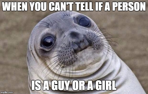 Seriously, this is happening too often with me. | WHEN YOU CAN'T TELL IF A PERSON IS A GUY OR A GIRL | image tagged in memes,awkward moment sealion | made w/ Imgflip meme maker
