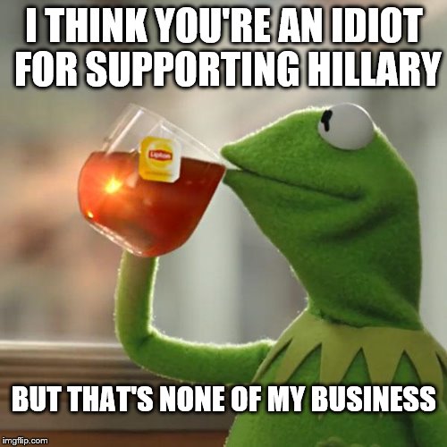 But That's None Of My Business Meme | I THINK YOU'RE AN IDIOT FOR SUPPORTING HILLARY BUT THAT'S NONE OF MY BUSINESS | image tagged in memes,but thats none of my business,kermit the frog | made w/ Imgflip meme maker