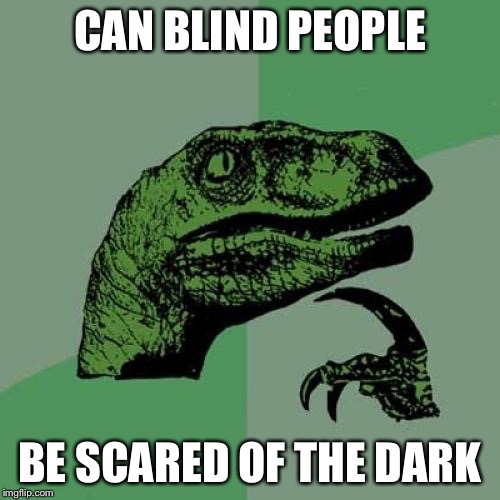 Philosoraptor | CAN BLIND PEOPLE BE SCARED OF THE DARK | image tagged in memes,philosoraptor | made w/ Imgflip meme maker