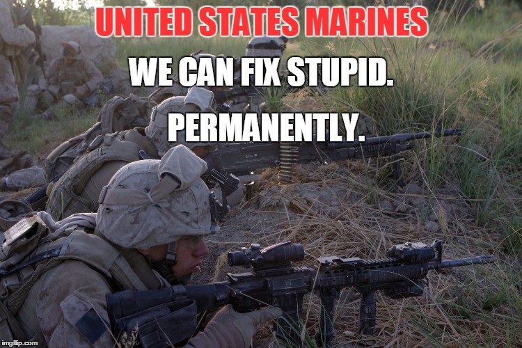 You Can't Fix Stupid? | UNITED STATES MARINES PERMANENTLY. WE CAN FIX STUPID. | image tagged in us marines,stupid | made w/ Imgflip meme maker