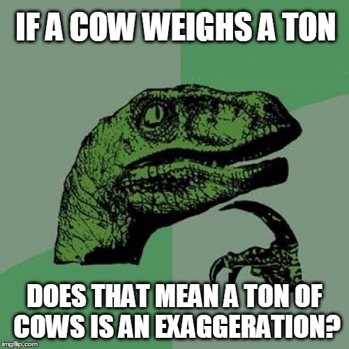 Philosoraptor Meme | IF A COW WEIGHS A TON DOES THAT MEAN A TON OF COWS IS AN EXAGGERATION? | image tagged in memes,philosoraptor | made w/ Imgflip meme maker
