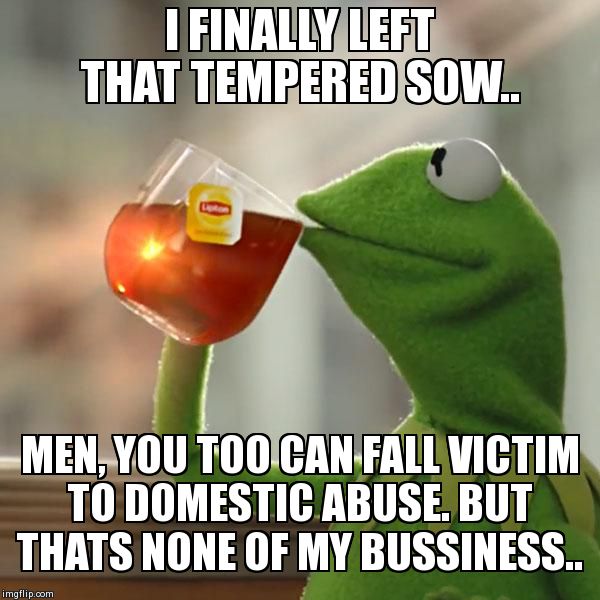 But That's None Of My Business | I FINALLY LEFT THAT TEMPERED SOW.. MEN, YOU TOO CAN FALL VICTIM TO DOMESTIC ABUSE. BUT THATS NONE OF MY BUSSINESS.. | image tagged in memes,but thats none of my business,kermit the frog | made w/ Imgflip meme maker