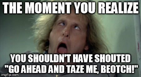 Scary Harry | THE MOMENT YOU REALIZE YOU SHOULDN'T HAVE SHOUTED "GO AHEAD AND TAZE ME, BEOTCH!" | image tagged in memes,scary harry | made w/ Imgflip meme maker
