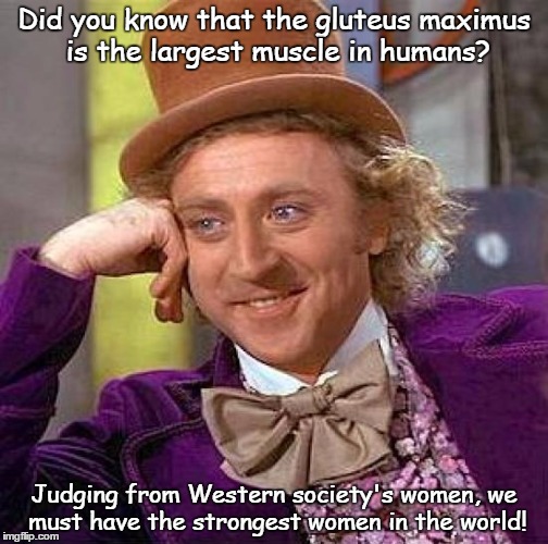 Strong women | Did you know that the gluteus maximus is the largest muscle in humans? Judging from Western society's women, we must have the strongest wome | image tagged in memes,creepy condescending wonka | made w/ Imgflip meme maker