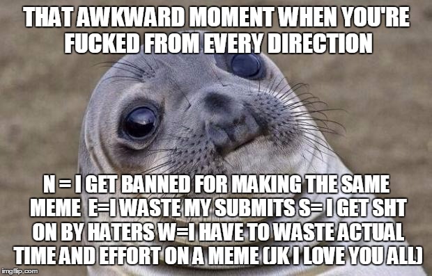 Awkward Moment Sealion Meme | THAT AWKWARD MOMENT WHEN YOU'RE F**KED FROM EVERY DIRECTION N = I GET BANNED FOR MAKING THE SAME MEME  E=I WASTE MY SUBMITS S= I GET SHT ON  | image tagged in memes,awkward moment sealion | made w/ Imgflip meme maker