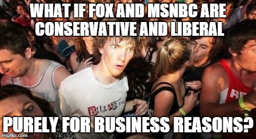 Sudden Clarity Clarence | WHAT IF FOX AND MSNBC ARE CONSERVATIVE AND LIBERAL PURELY FOR BUSINESS REASONS? | image tagged in memes,sudden clarity clarence | made w/ Imgflip meme maker